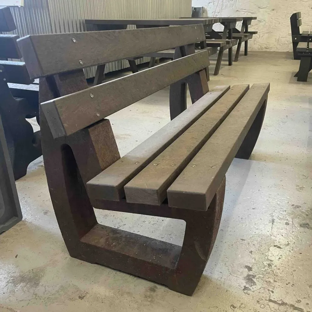 Recycled plastic park bench in brown